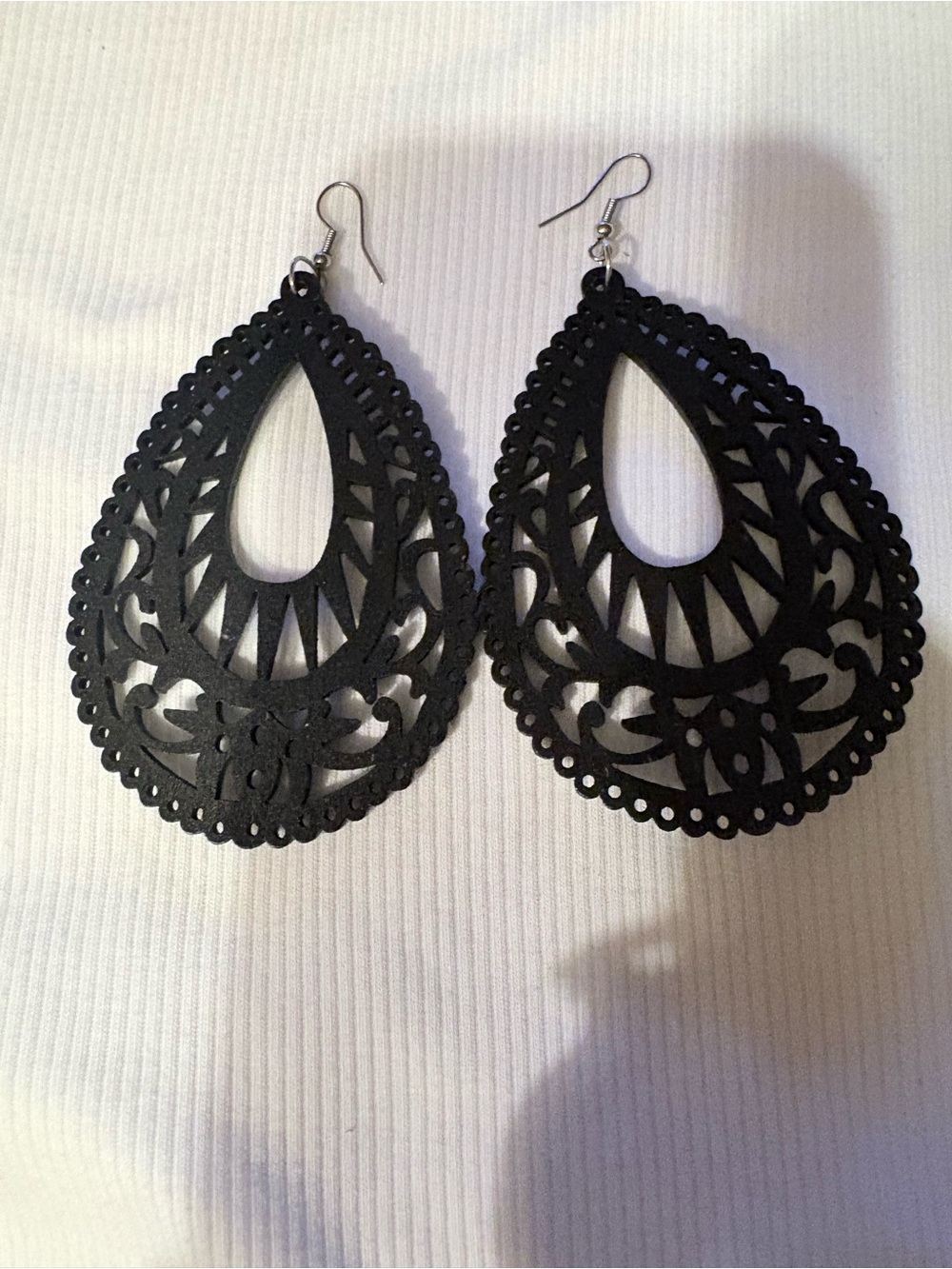 Black Wooden Filigree Teardrop Dangle Earrings.